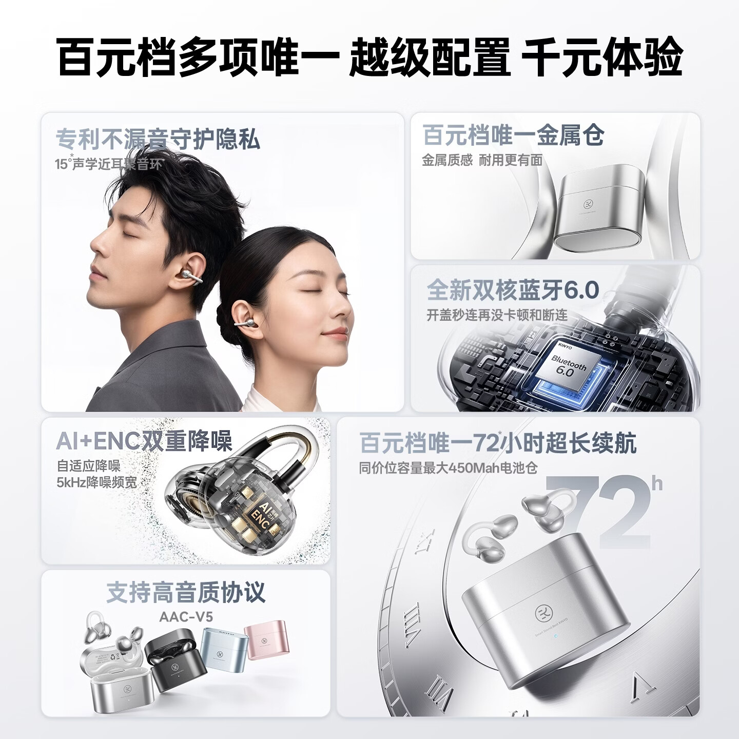 金运【2026最新款】蓝牙耳机耳夹式开放式不入耳不伤耳防漏音无线超长续航运动跑步通话降噪AI翻译AX5 羽沙银