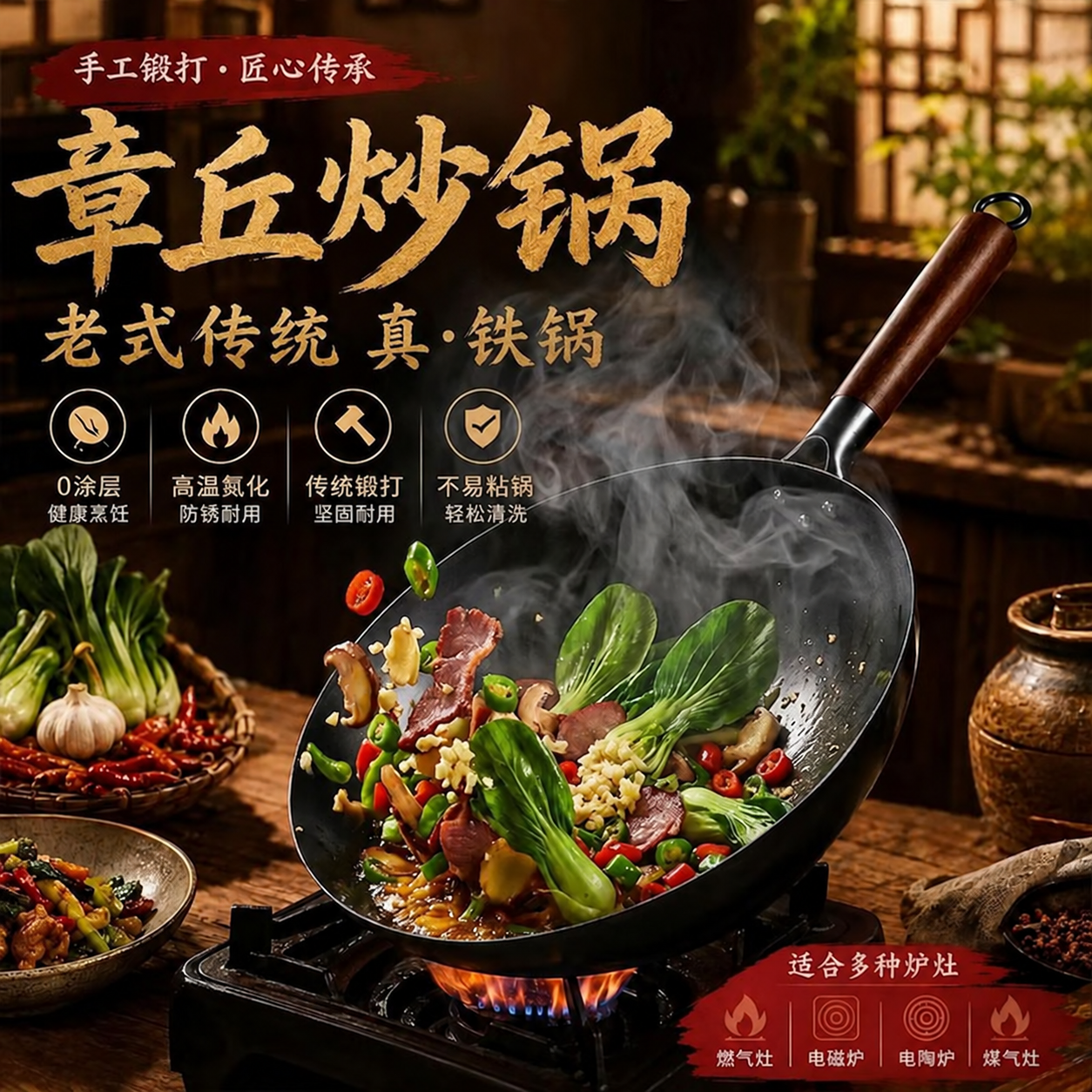 正宗章丘手工铁锅正品炒菜锅家用燃气灶电磁炉已开锅无涂层不粘锅 32cm氮化防锈纯铁锅【赠送锅盖+锅铲+勺子】 32cm
