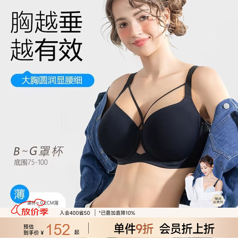 糖粒大码无痕内衣女大胸显大小胖mm聚拢收副乳上托薄款性感文胸罩 雅典黑 85C 京东折扣/优惠券