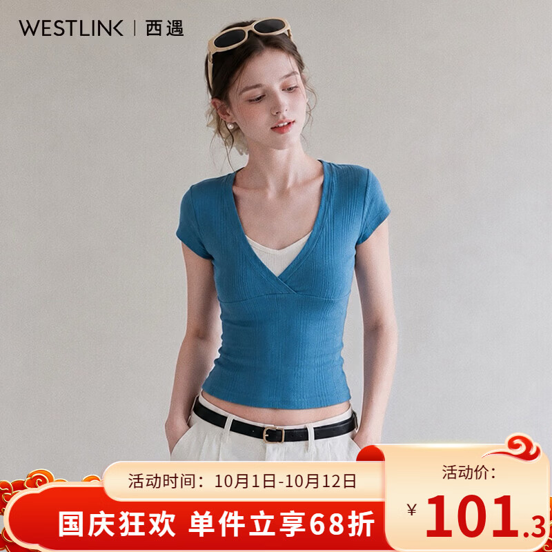 西遇（Westlink）湖蓝假两件V领短袖T恤女2026夏季新款美式辣妹修身短款上衣 蓝色 M (160)