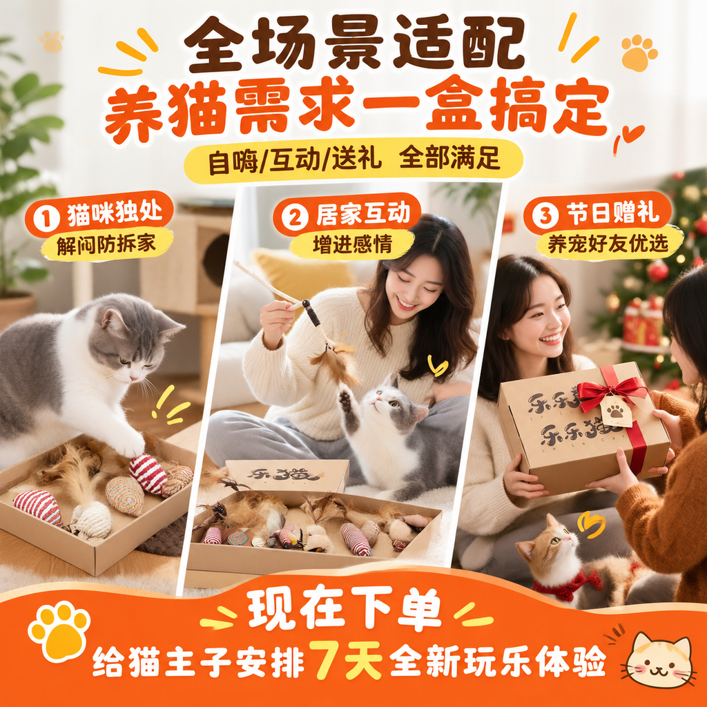 华元宠具猫玩具自嗨神器耐咬磨爪羽毛铃铛球解闷神器小猫幼猫自乐自趣 逗猫棒礼盒7件套