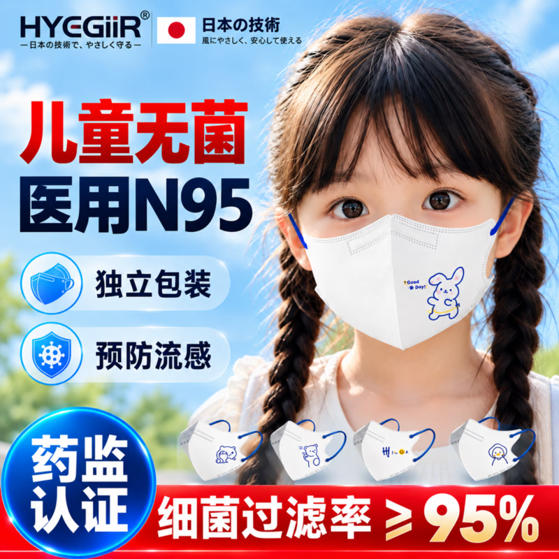 HYEGIIR日本儿童口罩3-12岁医用独立包装灭菌级n95防流感病毒过敏性鼻炎 【克莱因蓝100只】医用级N95 图案随机*独立包装