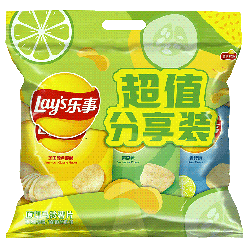 Lay's 乐事 原切马铃薯片分享装 3口味 168g（原味+黄瓜味+青柠味）