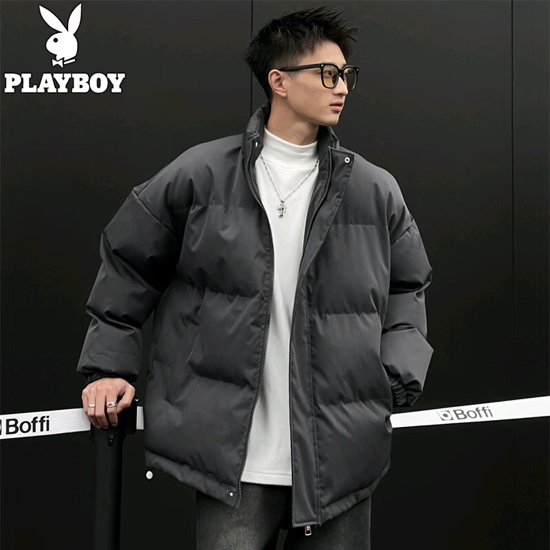 花花公子(PLAYBOY)短款棉服男冬季棉衣男立领加厚保暖面包服外套百搭棉袄 灰色 XL