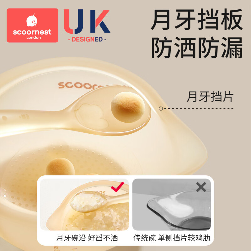 科巢(scoornest)科巢老人专用吃饭碗加粗防滑手柄高边防洒吸盘底座食品级耐高温餐 鹰嘴碗+硅胶辅食勺套装【缓流防呛_奶嘴级硅胶】