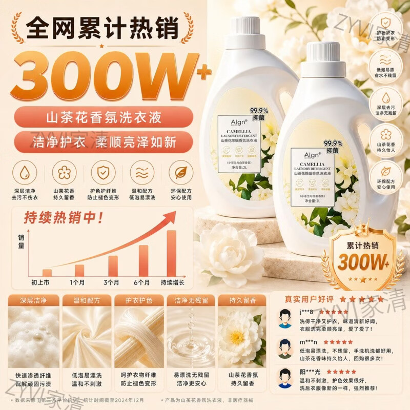 ZYVI【日本】山茶花香洗衣液持久留香72小时除菌除螨柔顺强力去渍 12斤装【家庭优选】山茶花除螨洗衣液*3