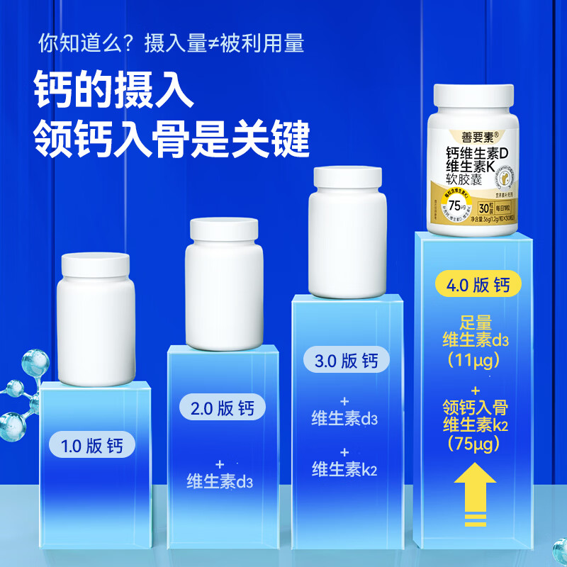 善要素碳酸钙维D3维K2钙片成人中老年孕妇补钙30粒 30粒*3瓶