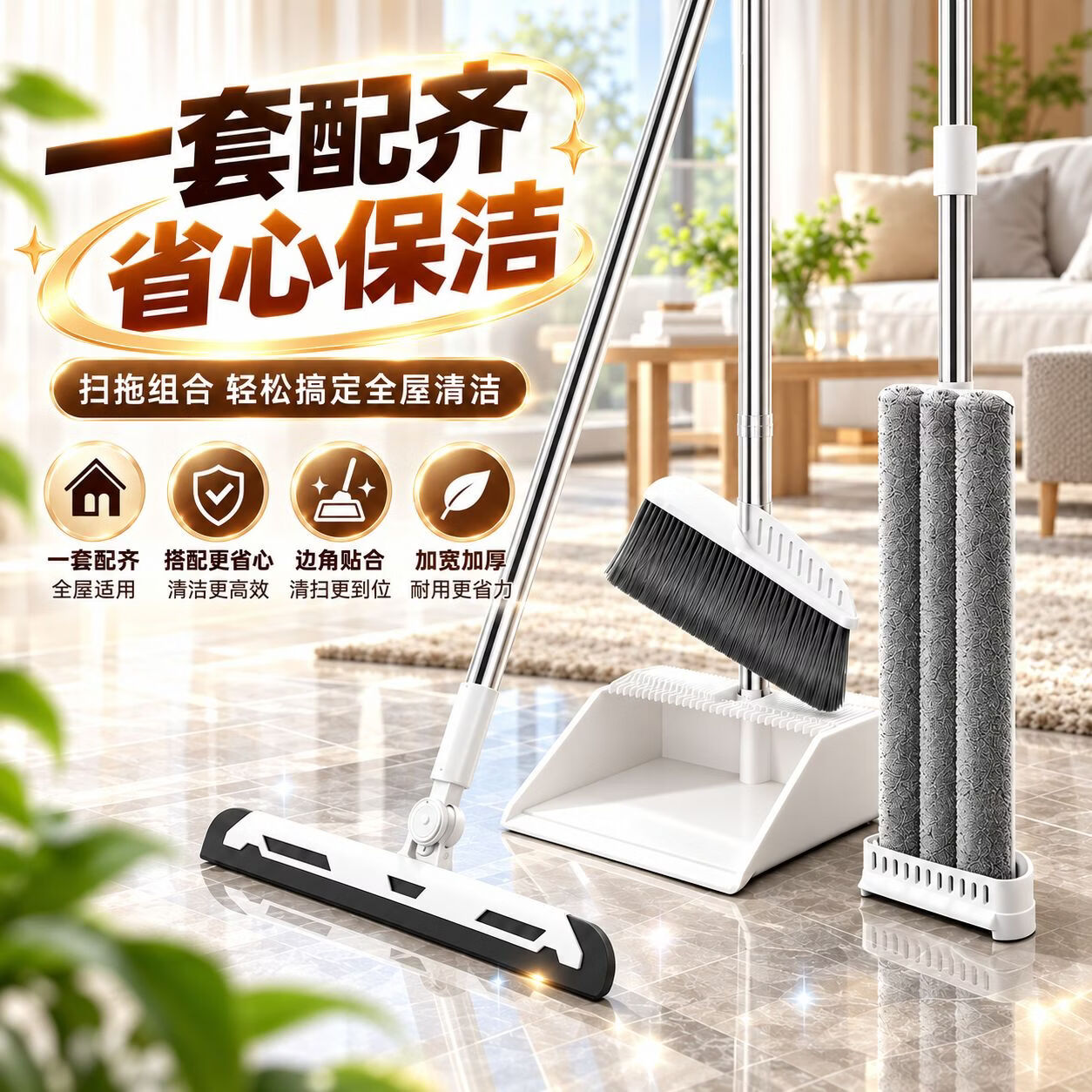 TRUHEIM德国家用扫把簸箕拖布刮水器清洁套装免手洗一拖净保洁家政懒人 三件套【扫把+簸箕+拖把-赠2拖布】