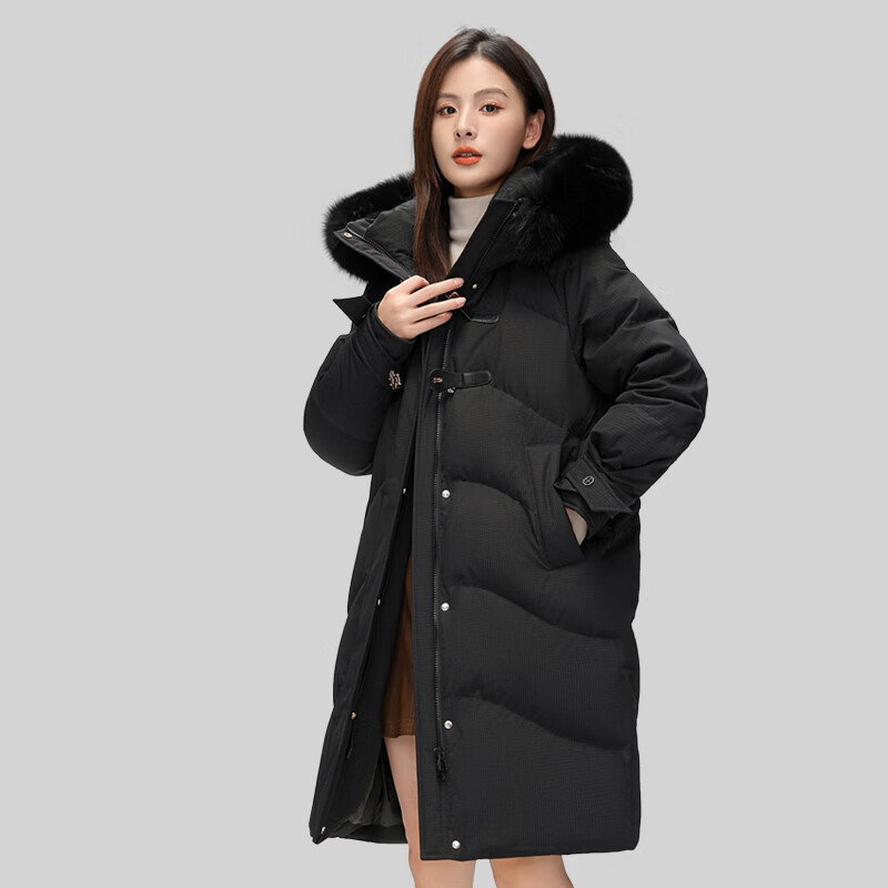 雅鹿羽绒服女长款2026冬季新款连帽加厚保暖时尚休闲百搭外套 黑色 M