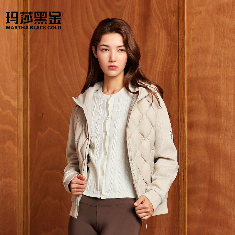 玛莎黑金【95鸭绒｜菱形格拼接】轻薄短款羽绒服女连帽情侣款冬季保暖外套 白色 【95鸭绒｜男女通用】 S (165)