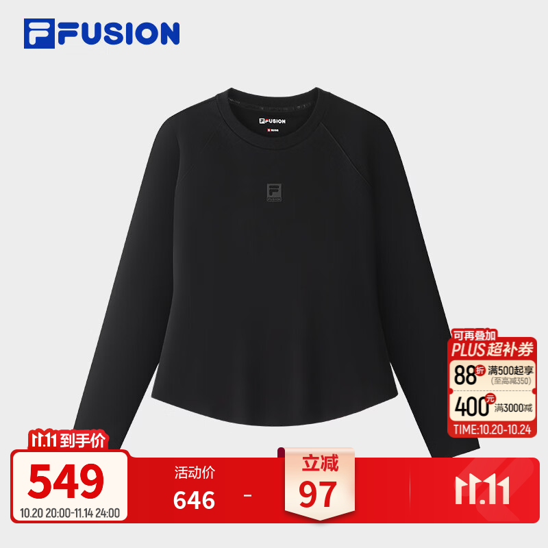 FILA FUSION【田曦薇同款】斐乐潮牌机能风针织长袖衫26冬女子修身长T 正黑色-BK L 170/88A/L