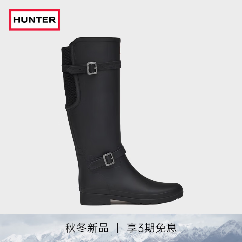 HUNTER2026早秋新品女士绑带高筒雨靴便携时尚可折叠户外长筒靴 黑色/BLK 38