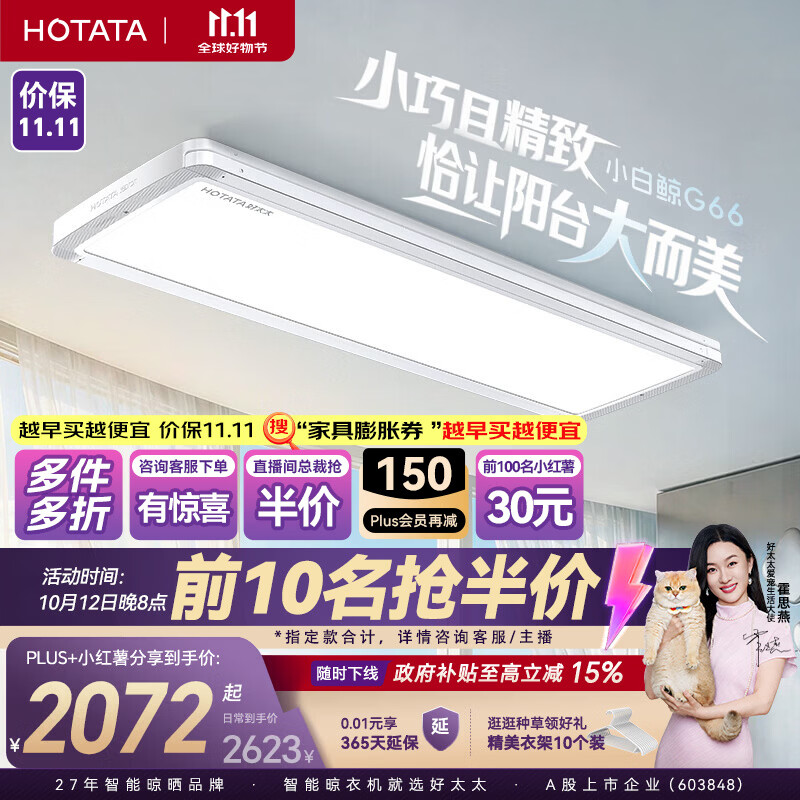 好太太2026年新款阳台电动升降隐形晾衣机超薄嵌入式智能晾衣架 小白鲸G66-ZL3双：5.6cm极薄整机+三杆错位晒+离线