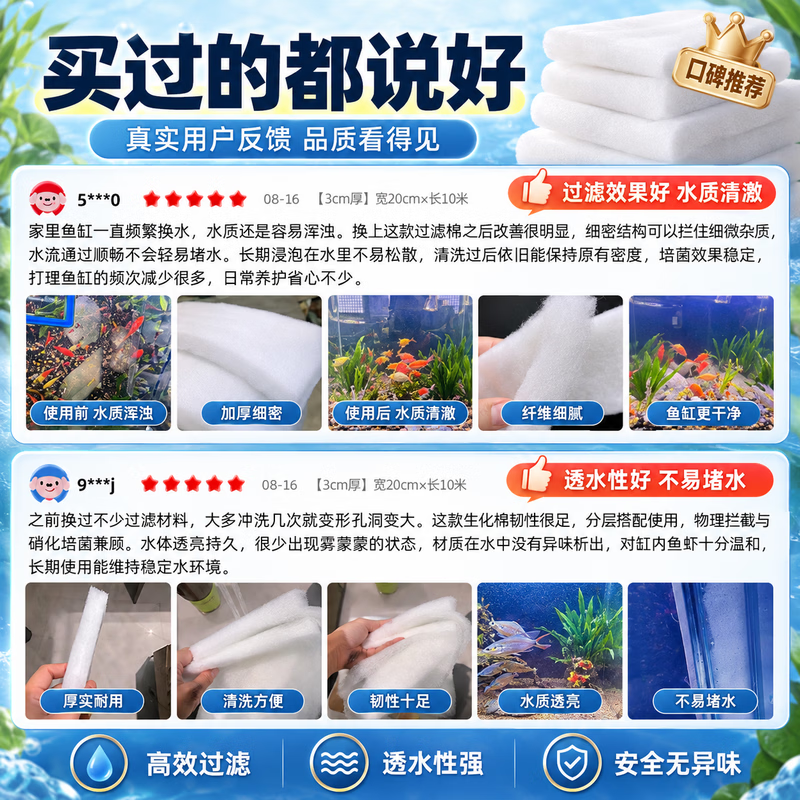 GERTHRON德国鱼缸过滤棉专用高密度净化生化棉过滤材料强培菌白棉高透水 【3cm厚】宽30cm×长10米 【加厚加密】透水性好 通畅不堵水