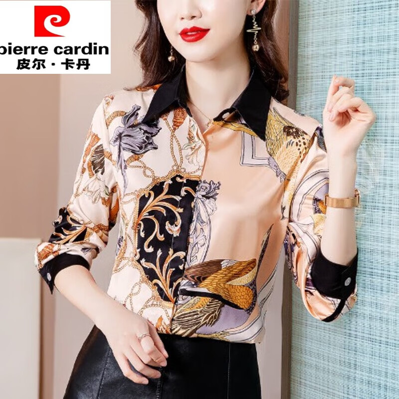衬衫女长袖早秋上衣欧货大尺码洋气印花桑蚕丝衬衣夏天打底衫女上衣服