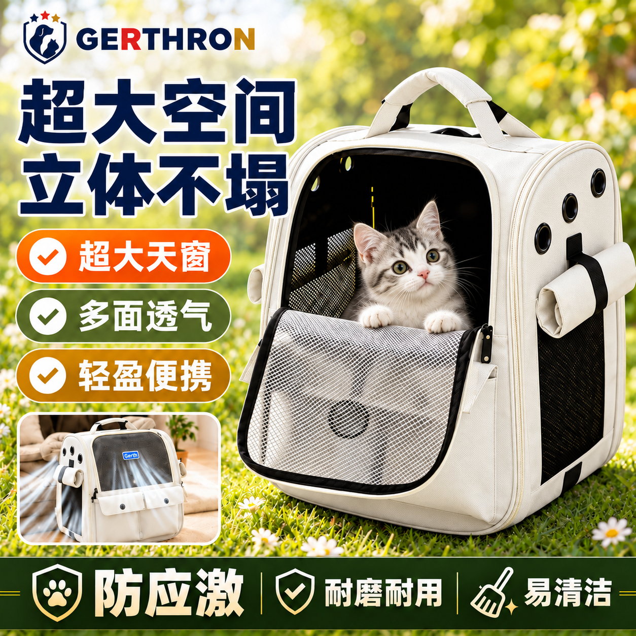 GERTHRON德国猫包外出便携包透气双肩书包四季通用立体大容量猫笼子外出包 米白色【升级侧开互动 防应激卷帘】双肩包 【全新升级第二代】适用18斤内猫咪 立体不塌 京东折扣/优惠券