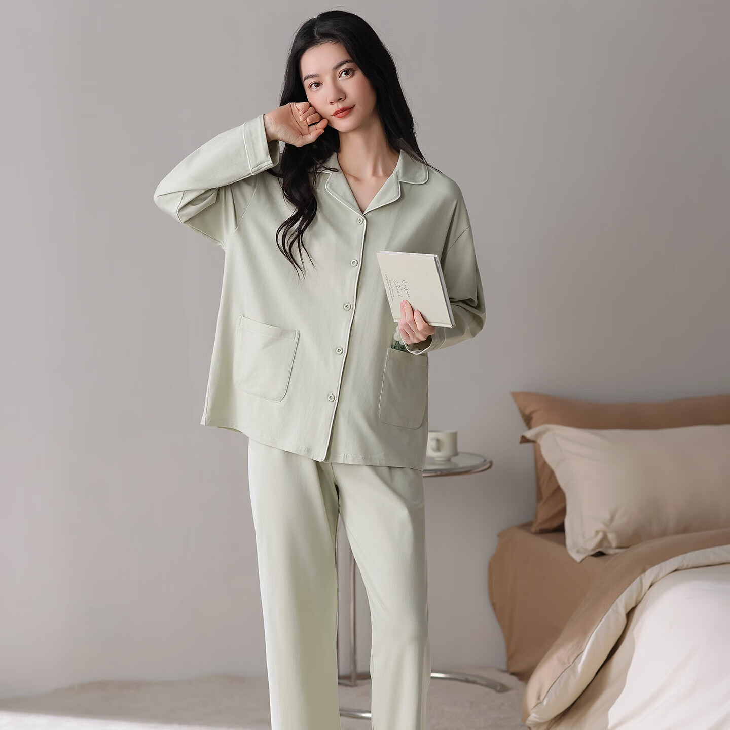 欧迪芬100%纯棉睡衣女款2026新款长袖长裤宽松舒适可外穿家居服套装 竹绿 L 【建议100-120斤】