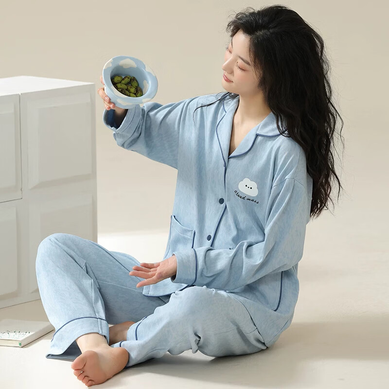 猫人纯棉睡衣女带胸垫春秋新款长袖翻领高级可外穿家居服大码套装 杏绿色【纯棉亲肤 | 自带胸垫】 L 推荐体重100-120斤