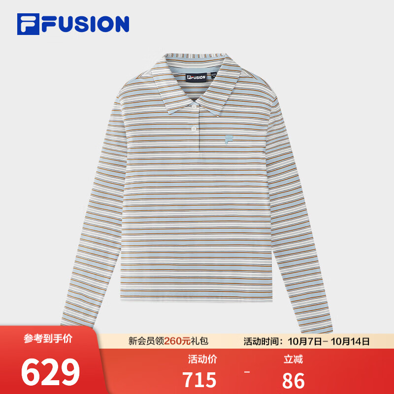 FILA FUSION斐乐潮牌日常运动针织长袖POLO衫女款26冬季新款条纹T 艾丽斯蓝-LB L 170/88A/L
