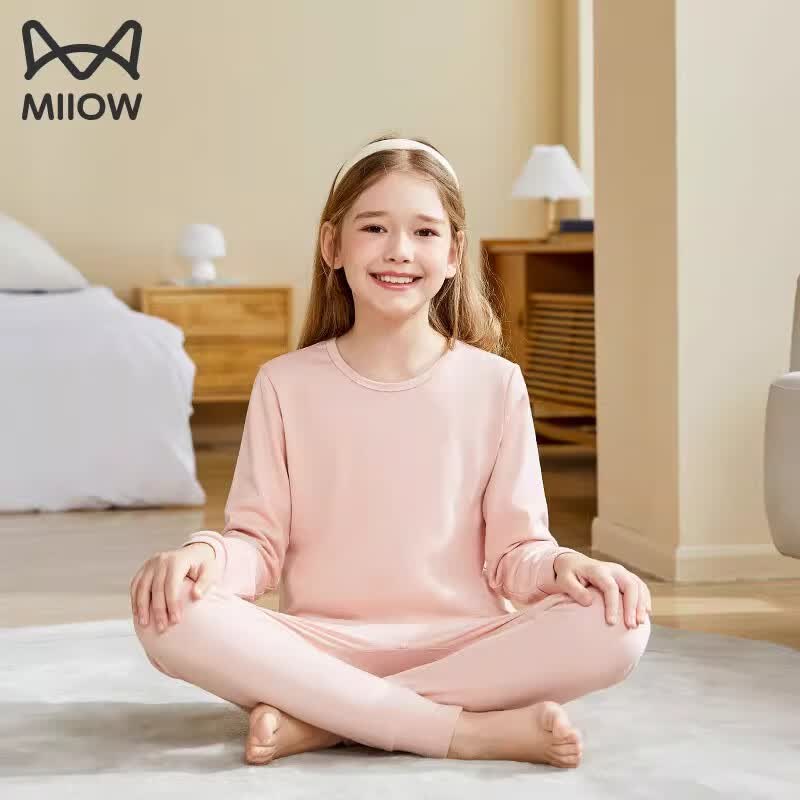 猫人 MIIOW女童全棉秋衣秋裤儿童保暖内衣套装纯棉小女孩棉毛衫春秋冬季 浅粉(低圆领) 170cm (建议体重89-119斤)