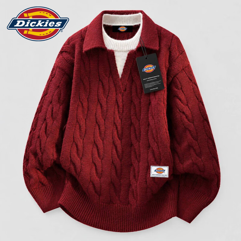 Dickies港式复古休闲毛衣男士2026年秋冬新款宽松舒适保暖假两件上衣服装 红色 【官方正品】 XL 【建议130-150斤】