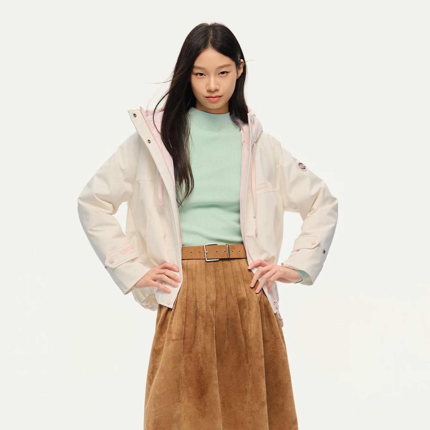 拉夏贝尔【虞书欣同款】短款羽绒服女2026冬时尚连帽宽松百搭休闲防风外套 米粉 S
