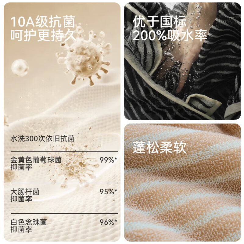 三利纯棉浴巾高档全棉10A抗菌男士浴巾成人学生洗澡专用速干浴巾棕白 【10A抗菌】棕白 340g