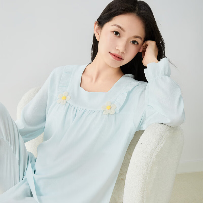 香蜜闺秀(GOSO)【自带胸垫】睡衣女士春秋长袖套头感亲肤可外穿家居服套装 浅蓝 M