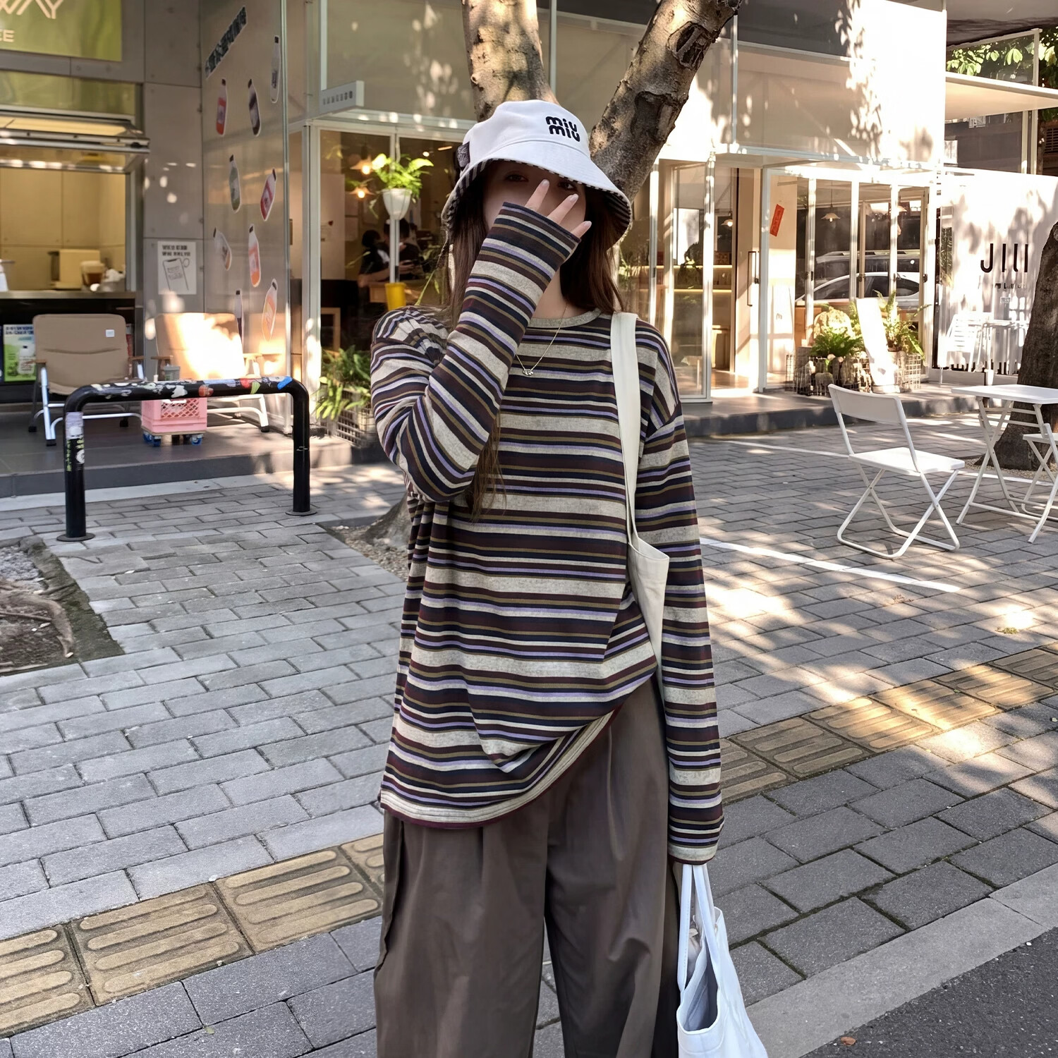 雪茜曼复古撞色条纹长袖女秋季新款韩系松弛感宽松慵懒风打底衫t恤上衣 咖色条纹 L （适合110-125斤）