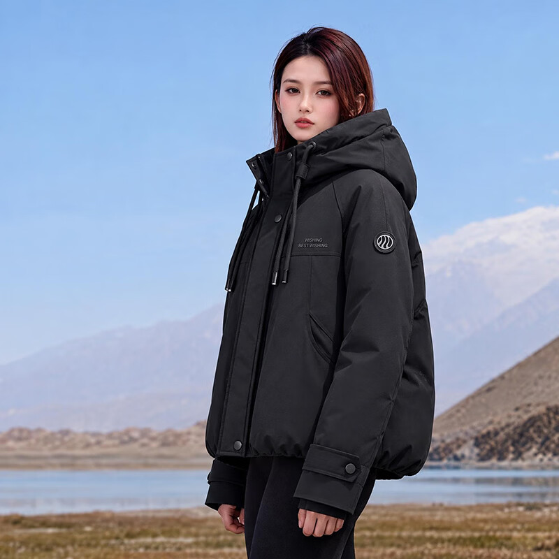 拉夏贝尔短款羽绒服女2026冬季新款时尚百搭连帽保暖外套女 米粉 XL