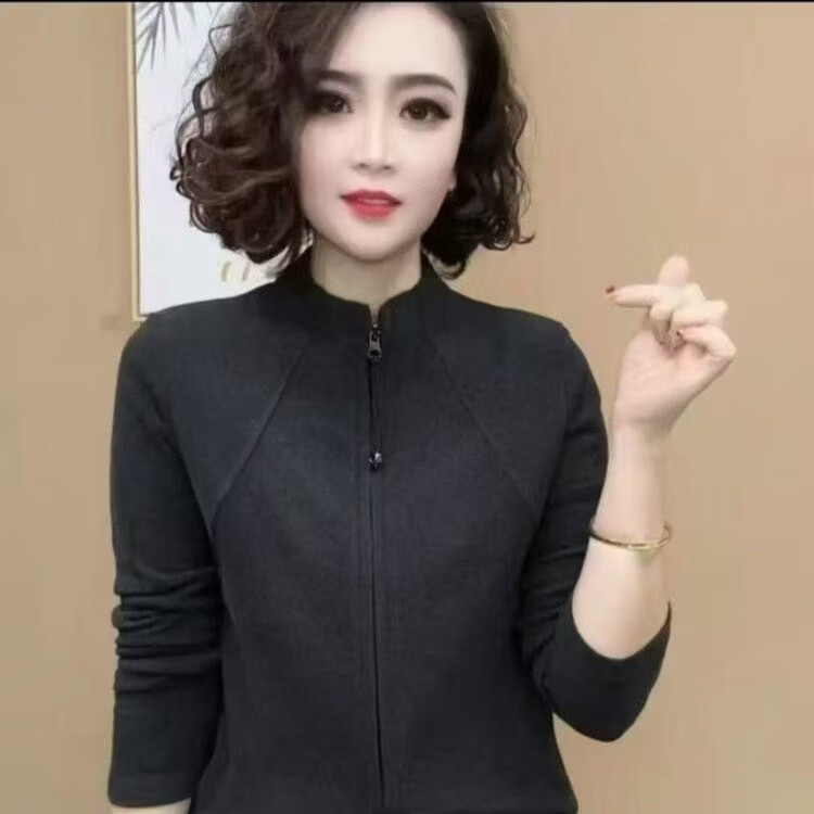 中年妈妈秋装外套洋气高贵开衫女中老年休闲小衫拉链上衣 深灰色 XL (建议体重110-120斤)