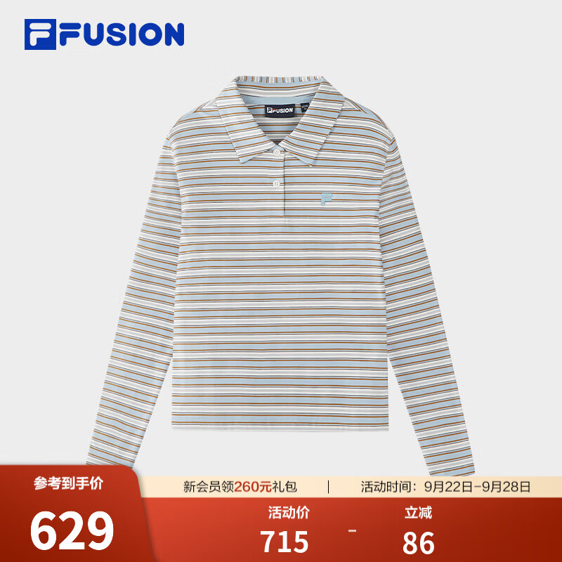 FILA FUSION斐乐潮牌日常运动针织长袖POLO衫女款26冬季新款条纹T 艾丽斯蓝-LB L 170/88A/L