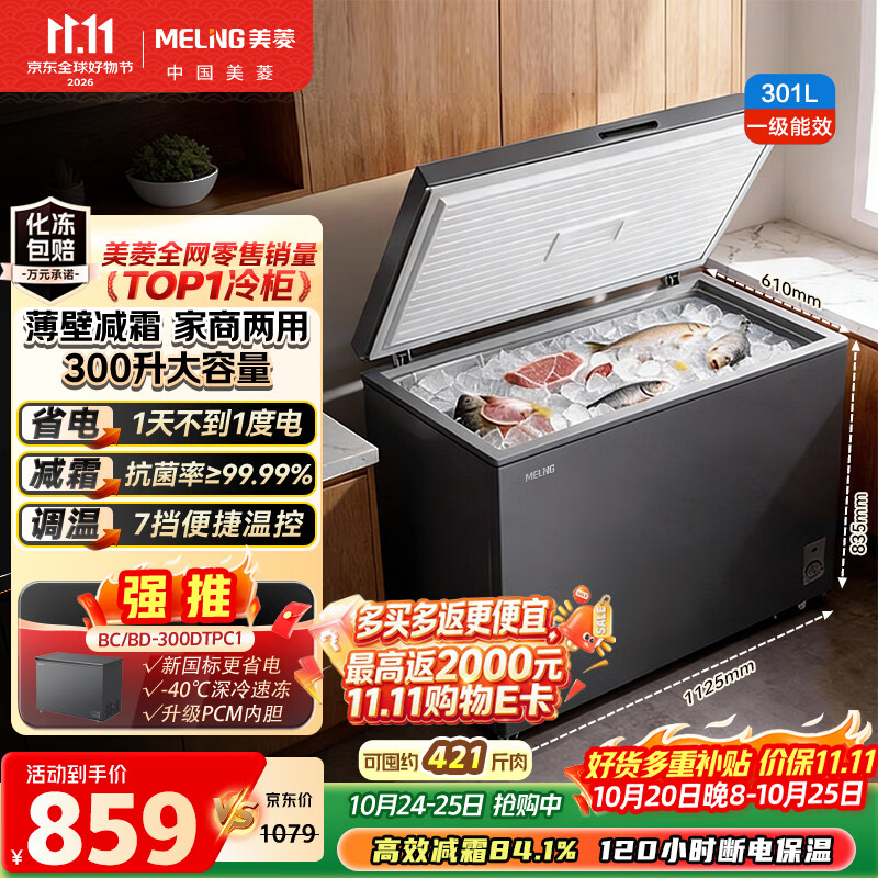 美菱301L单温家用冰柜直冷大容量冷柜定频一级能效节能冷冻柜冷藏柜两用冰箱BC/BD-301DT灰国家补贴