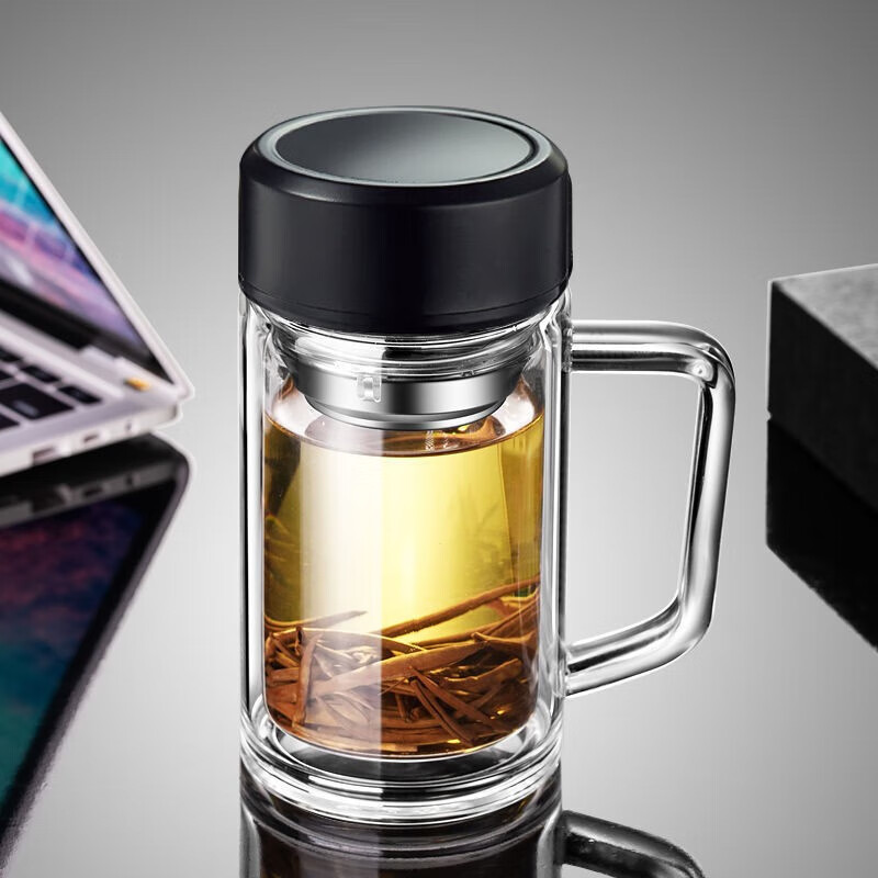 耐热玻璃杯带把带盖过滤茶水分离家用泡茶杯男女式办公水杯子 碳素黑