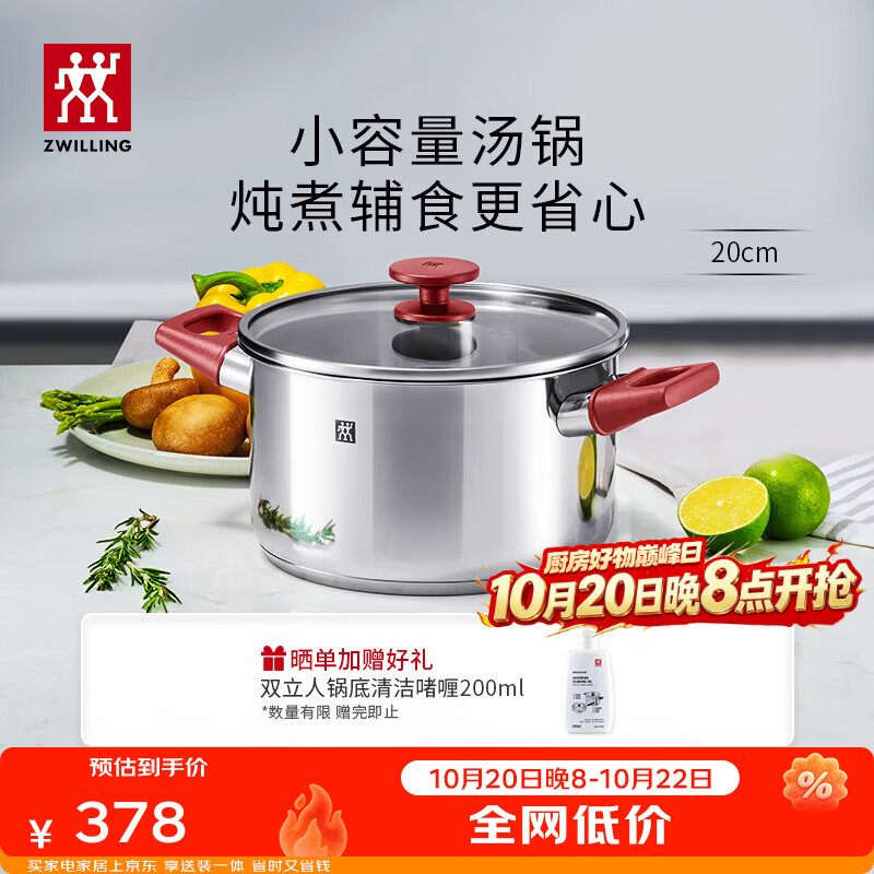 双立人（ZWILLING）不锈钢汤锅0涂层煮锅家用双耳炖锅防烫Silver银光系列安可拉红 【适合1-3人】双耳汤锅 20cm