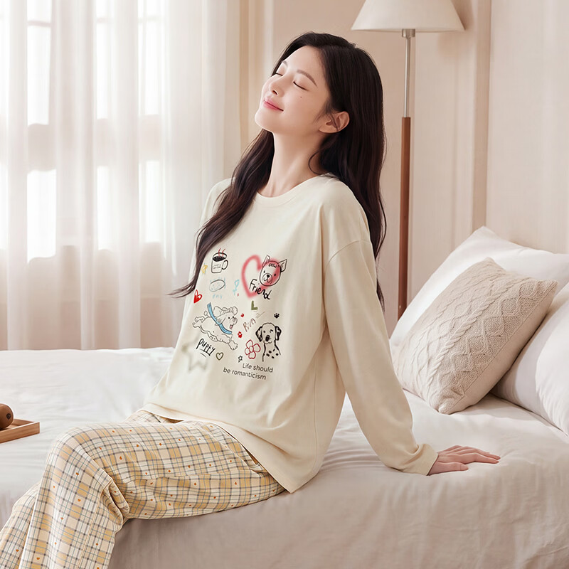 芬腾可安【100%纯棉】格雷系圆领休闲可爱减龄睡衣女士家居服套装女 米色 L