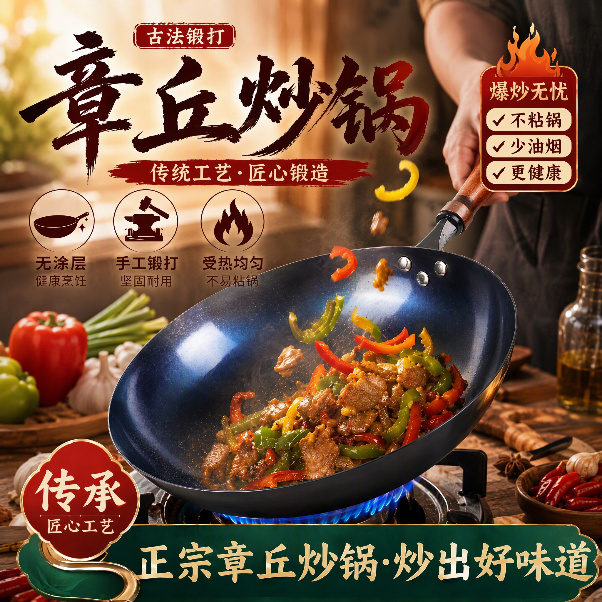 章丘手工铁锅木把镜面铁锅家用无涂层炒菜不粘锅老式圆底熟铁锅具 36cm古法烤蓝开锅镜面锅【圆底款】-赠锅盖 36cm