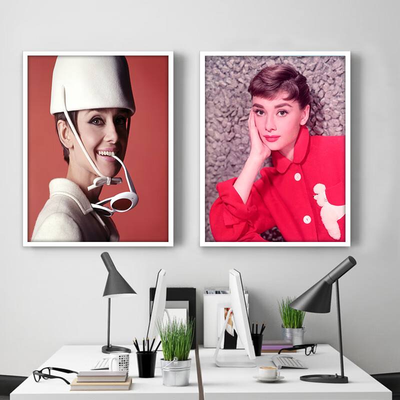 格绿美奥黛丽赫本装饰画三联黑白复古怀旧美女海报挂画服装店酒吧现代 LJ9297 装好框60X80厘米 环保木质框+