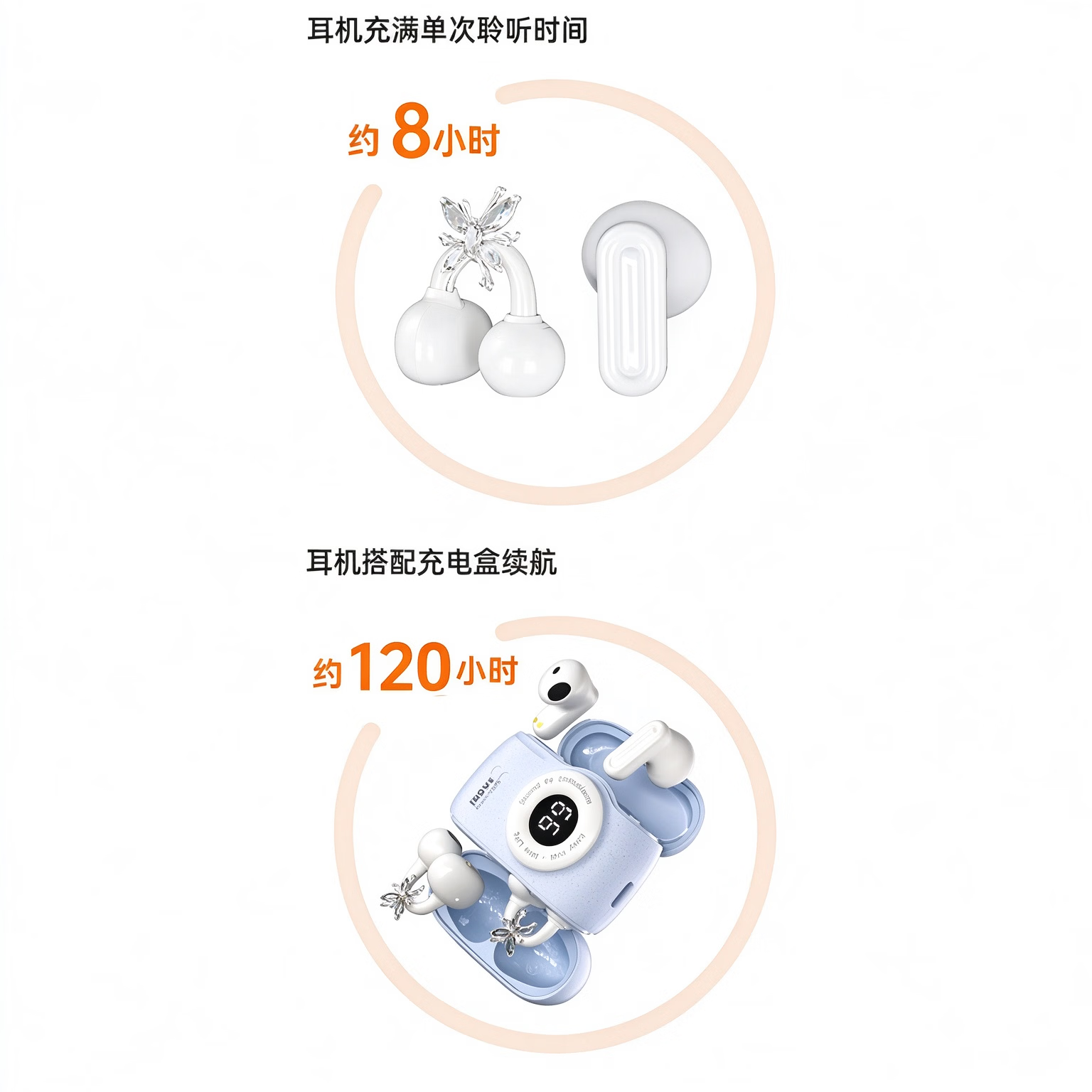 万诺比2026新款双蓝牙耳夹短柄AI耳机蓝牙6.0智能App高颜值方便携带持久续航 冰晶蓝