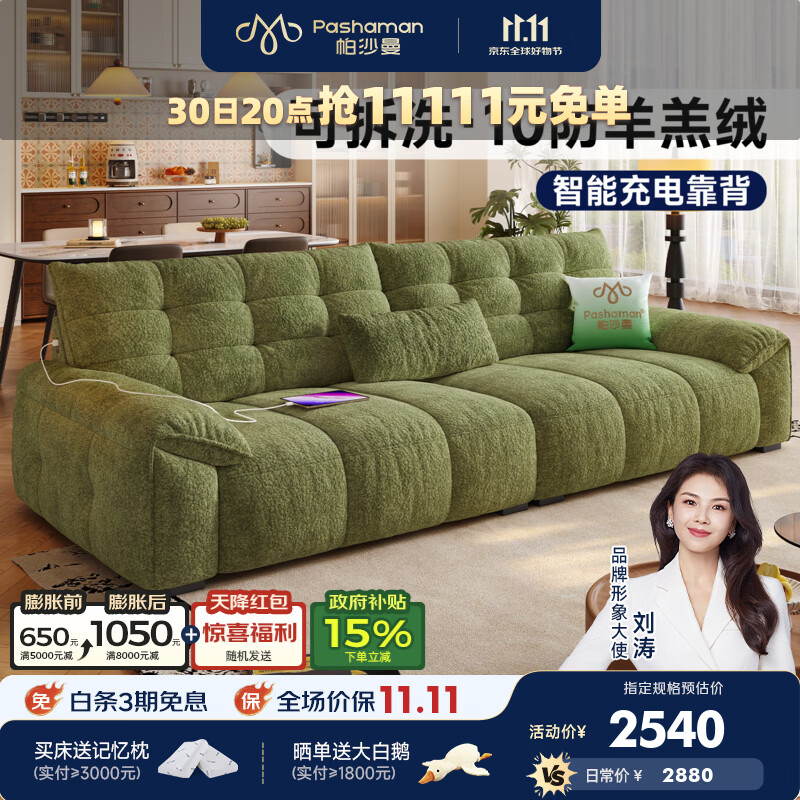 帕沙曼可拆洗布艺沙发小户型客厅现代简约2026新款云朵泡泡熊充电1160BF 2.9米多人位【可拆洗设计 智能充电靠背】  【旗舰版】抗螨雪尼尔TY74 乳胶+竹炭海绵