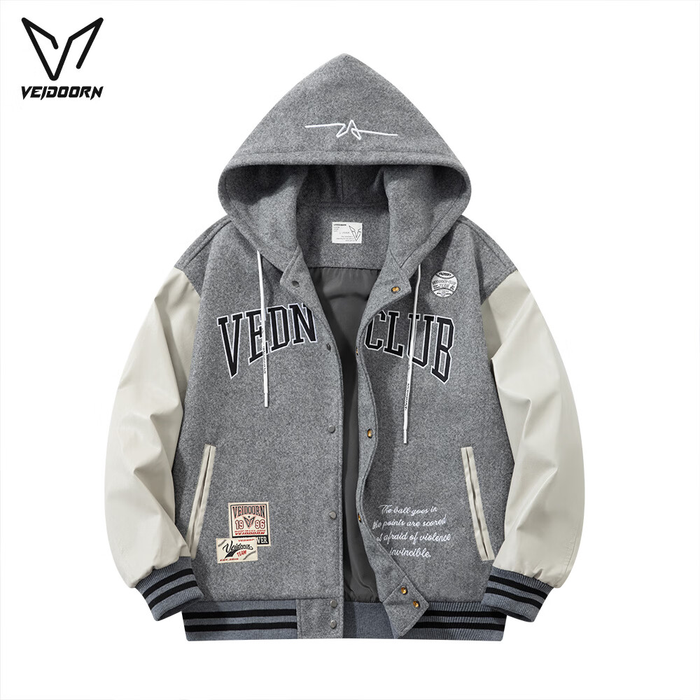 维动【京东奥莱】美式棒球服时尚拼接夹克情侣秋季休闲运动上衣 月雾灰(连帽系列) M