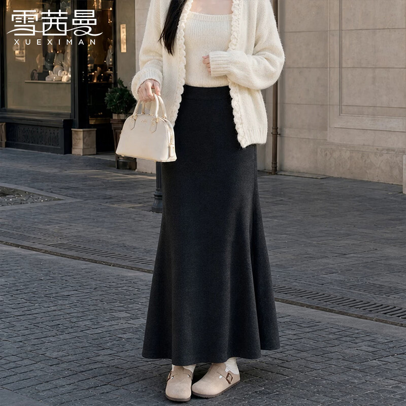 雪茜曼针织鱼尾裙女2026新款秋季高腰垂感显瘦中长款a字糯米包臀半身裙 黑色 【小个子】 【建议160cm以下】 L 【建议111-120斤】 京东折扣/优惠券