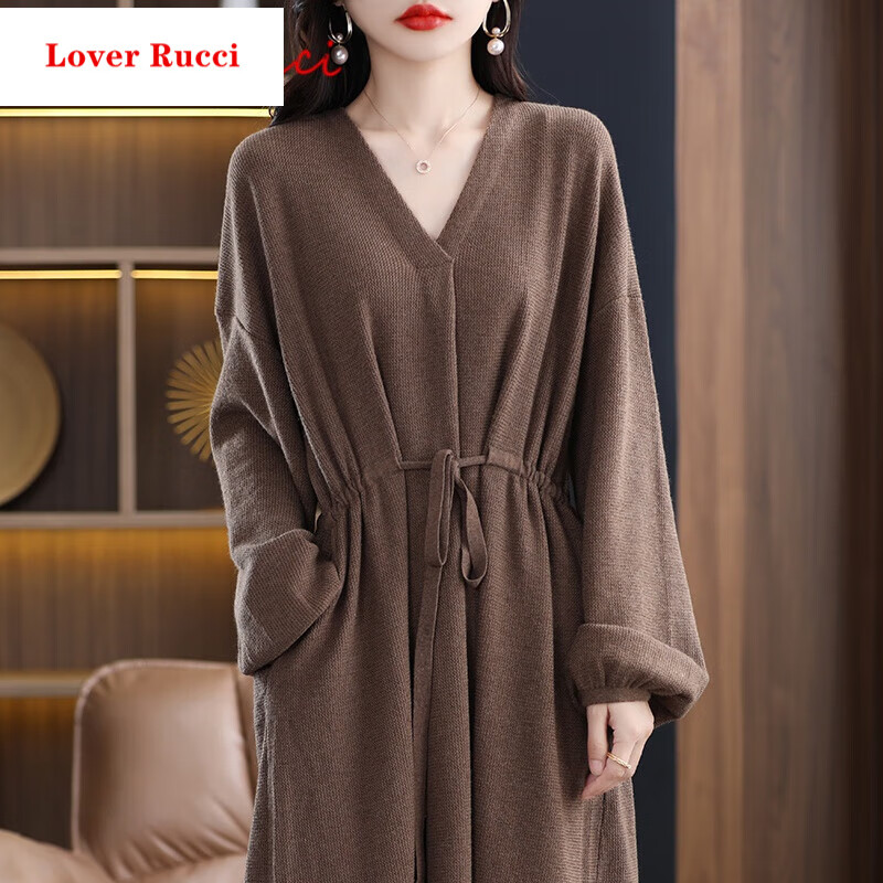 lover rucci高端羊毛连衣裙女v领宽松打底羊毛韩版中长款宽松纯色针织