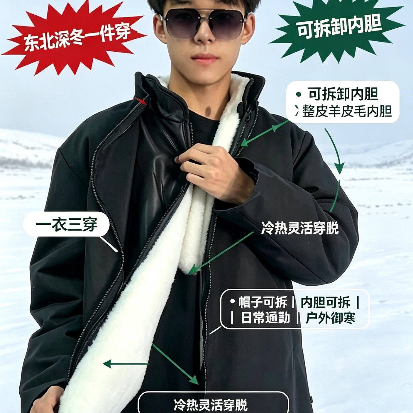 真皮男士2026冬季加绒加厚保暖外套整皮羊羔毛派克服防风防水棉衣 黑色 羊皮毛一体内胆 5XL 175-190 斤