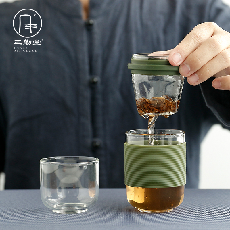三勤堂玻璃快客杯茶水分离便携式旅行茶具水杯带过滤随手杯ST2043 绿色