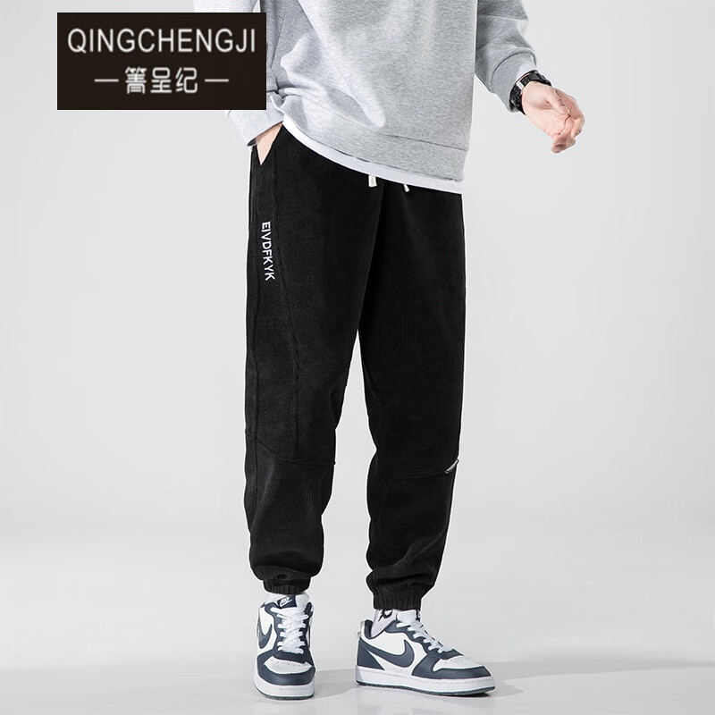 特大码裤子加厚款束脚弹力休闲裤300斤胖子特大号男青年休闲裤 黑色 l