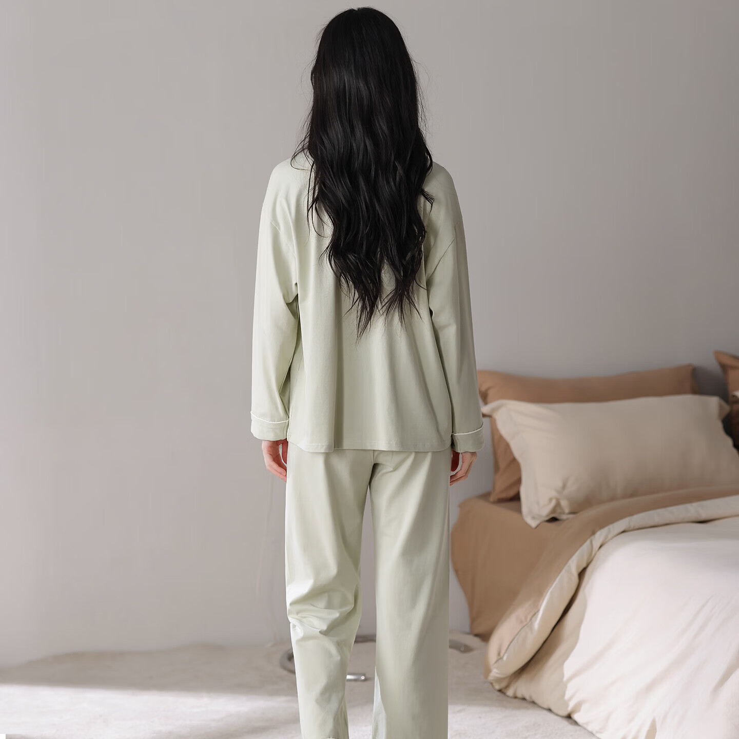 欧迪芬100%纯棉睡衣女款2026新款长袖长裤宽松舒适可外穿家居服套装 竹绿 L 【建议100-120斤】