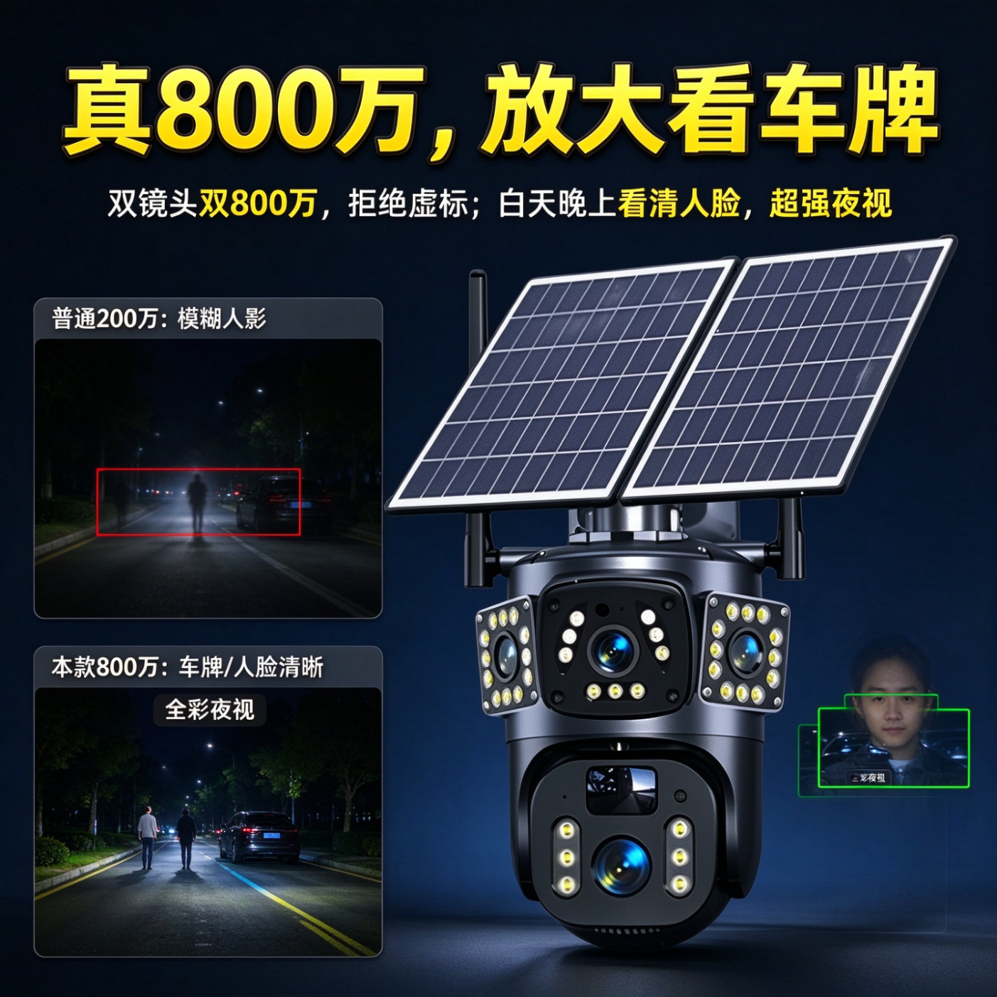 猎腾【免费流量】无电无网太阳能监控摄像头室外4g高清夜视连手机远程农村户外免流量监控器家用360度 双镜头三画面+电子变焦+免费流量 阴天可用大容量电池【单板】30天录像卡