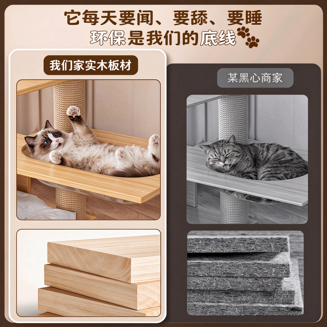苏墨猫爬架实木猫窝一体玩睡稳固小猫矮脚猫家用小型不占地猫形攀爬架 【ENF级实木】单屋单仓矮三层简易款【加厚稳定】