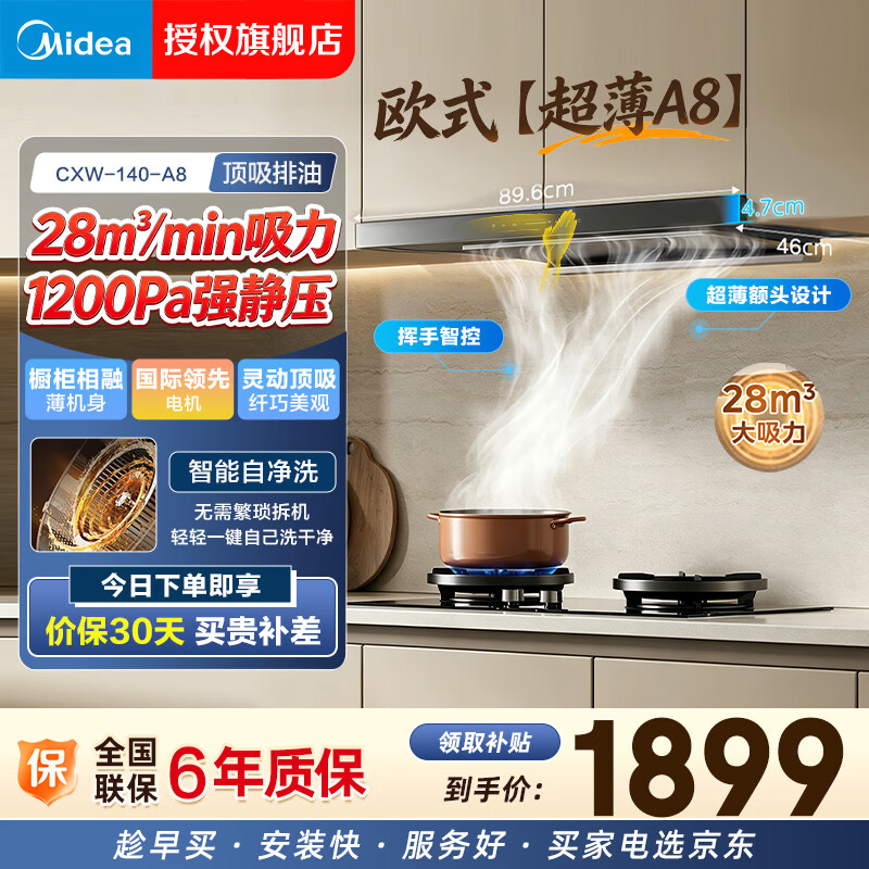 美的油烟机智能联动大吸力家用无烟感变频一级能效侧吸顶吸抽油烟机  CXW-140-A8